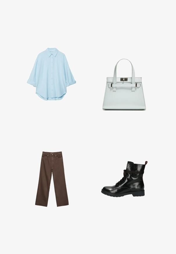 Jasnoniebieska koszula wykonana z miękkiego materiału, z klasycznym kołnierzykiem, zapięciem na guziki z przodu i podwiniętymi rękawami dla swobodnego kroju.; Szerokie brązowe dżinsy wykonane z denimu, z wysokim stanem, przednimi kieszeniami i klasycznym zapięciem na guzik. Gładka faktura z subtelnym przeszyciem.; Czarne skórzane botki za kostkę o błyszczącej powierzchni, okrągłym nosku, z przodem wiązanym i kontrastującymi burgundowymi akcentami na sznurówkach oraz kołnierzu. Trwała gumowa podeszwa.; Jasnoniebieska torebka o strukturalnym designie, z dwoma uchwytami i zapięciem w srebrnym odcieniu. Teksturowany materiał i ostre krawędzie.