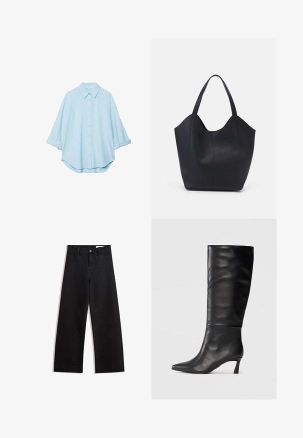 Vaaleansininen paita pehmeästä kankaasta, jossa on klassinen kaulus, napitettava etuosa ja käärityt hihat rentoa sovitusta varten.; Mustat leveät farkut korkealla vyötäröllä, joissa on etu- ja takataskut, ommellut saumat ja nappisuljenta. Silkinoinen rakenne.; Mustat nahkaiset polvipituiset saappaat, joissa on terävä varvas ja kapea korko. Liukas pinta, saumatonta muotoilua ja kiiltävä viimeistely.; Mustat kangaskassit, jotka on valmistettu sileästä nahasta, jossa on kaareva, avoin yläosa, kaksi olkahihnaa ja minimalistinen muotoilu.