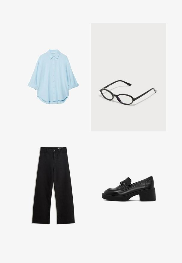 Lichtblauw shirt van een zachte stof, met een klassieke kraag, knoopsluiting aan de voorkant en opgerolde mouwen voor een ontspannen pasvorm.; Zwarte denim broek met wijde pijpen en een hoge taille, voorzien van voor- en achterzakken, gestikte naden en een knoopsluiting. Gladde textuur.; Zwarte leren lage hak loafer met een ronde neus, decoratieve band en metalen accent. Getextureerde outsole en naadloos ontwerp.; Zwarte ovale brillen met doorschijnende paarse accenten op de lenzen. De monturen hebben een matte afwerking en slanke, rechte veren.; Zwarte laarzen in lakleer met een gebogen vorm, één schouderband, voorvakken en accenten in zilverkleurig metaal.