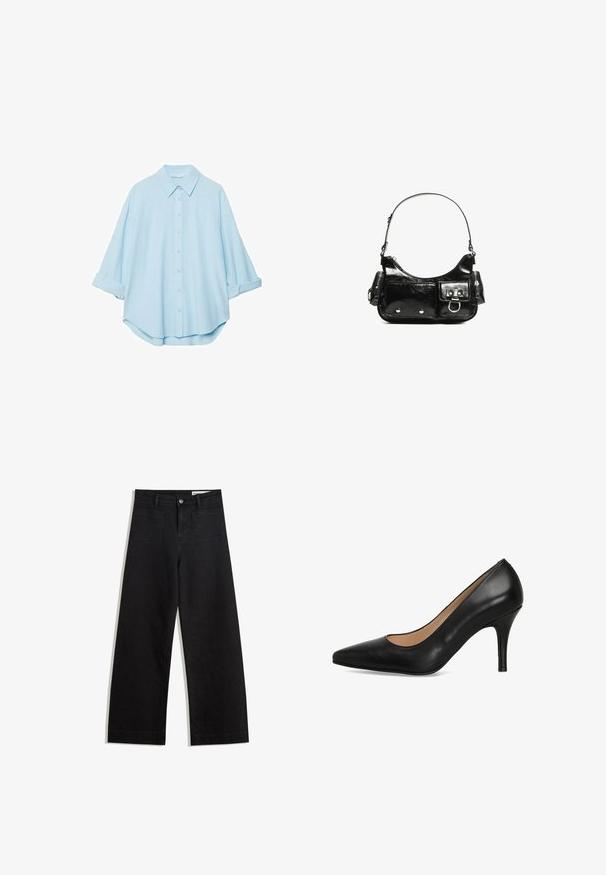 Lichtblauw shirt van een zachte stof, met een klassieke kraag, knoopsluiting aan de voorkant en opgerolde mouwen voor een ontspannen pasvorm.; Zwarte denim broek met wijde pijpen en een hoge taille, voorzien van voor- en achterzakken, gestikte naden en een knoopsluiting. Gladde textuur.; Zwarte leren hoge hakken met een spitse neus, een gladde textuur en een slanke silhouette. De hak is ongeveer 7,5 centimeter hoog.; Zwarte laarzen in lakleer met een gebogen vorm, één schouderband, voorvakken en accenten in zilverkleurig metaal.