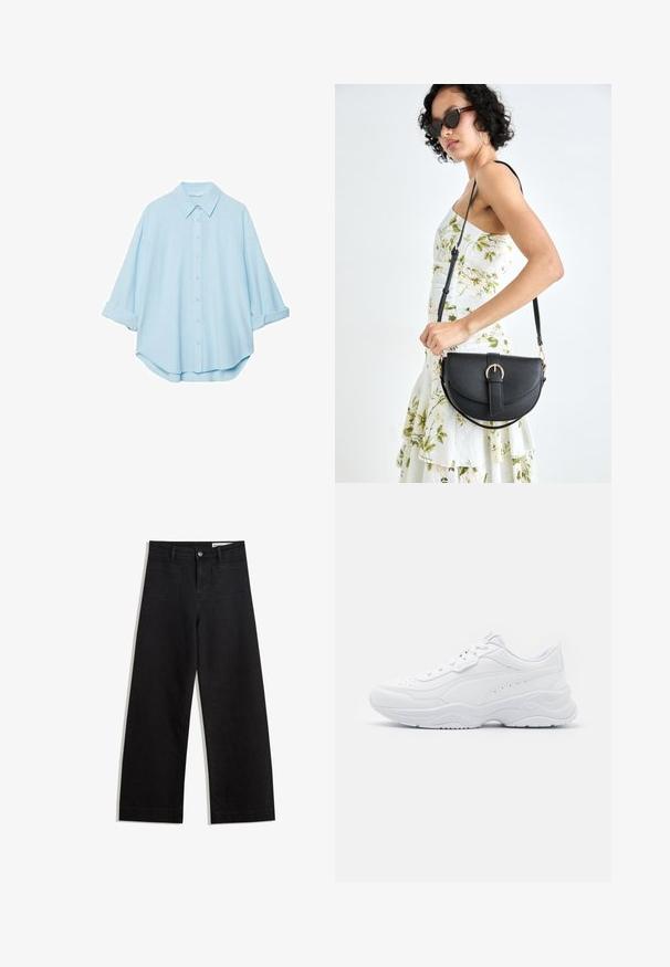Svetlomodrá košeľa z jemnej látky, s klasickým golierom, zapínaním na gombíky v prednej časti a vyhrnutými rukávmi pre uvoľnený strih.; Čierne denimové nohavice s širokými nohavicami a vysokým pásom, so prednými a zadnými vreckami, šitými švami a zapínaním na gombík. Hladká textúra.; Biele športové tenisky so hladkým koženým zvrškom, okrúhlou špičkou, hrubou podrážkou a perforovanými detailmi na bokoch.; Čierna kožená kabelka s zaobleným tvarom, odnímateľným popruhom a zlatými doplnkami. Kabelka má klopu s detailom s prackou.