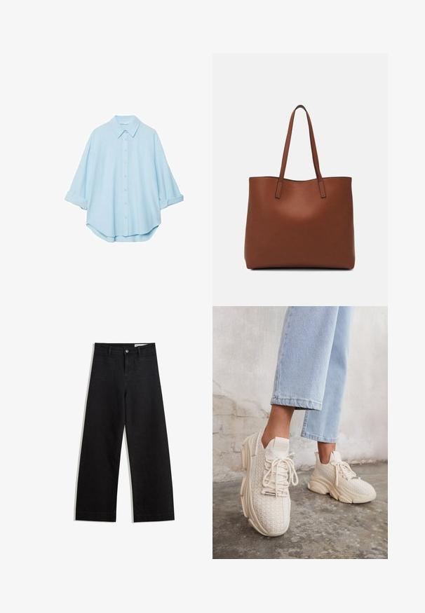 Svetlomodrá košeľa z jemnej látky, s klasickým golierom, zapínaním na gombíky v prednej časti a vyhrnutými rukávmi pre uvoľnený strih.; Čierne denimové nohavice s širokými nohavicami a vysokým pásom, so prednými a zadnými vreckami, šitými švami a zapínaním na gombík. Hladká textúra.; Béžové pletené tenisky s textúrovaným zvrškom, okrúhlou špičkou, hrubou podrážkou a dekoratívnym šnurovaním, v kombinácii so svetlomodrými skrátenými džínsami.; Hnedá kožená taška na rameno s hladkou textúrou, otvoreným vrchom a dvoma ramenými popruhmi. Má minimálne šitia a žiadne viditeľné kovania.