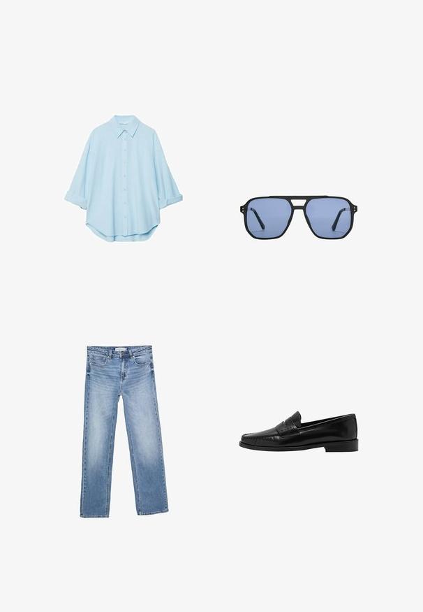 Světle modrá košile vyrobená z jemné tkaniny, s klasickým límečkem, zapínáním na knoflíky vpředu a vyhrnutými rukávy pro uvolněný střih.; Džíny v rovném střihu, modré denimové, s vybledlým vzhledem, pěti kapsami a klasickým zapínáním na knoflík. Bavlněný materiál s výrazným prošíváním.; Mango Polobotky - black; Stradivarius RETRO - Sluneční brýle - light blue