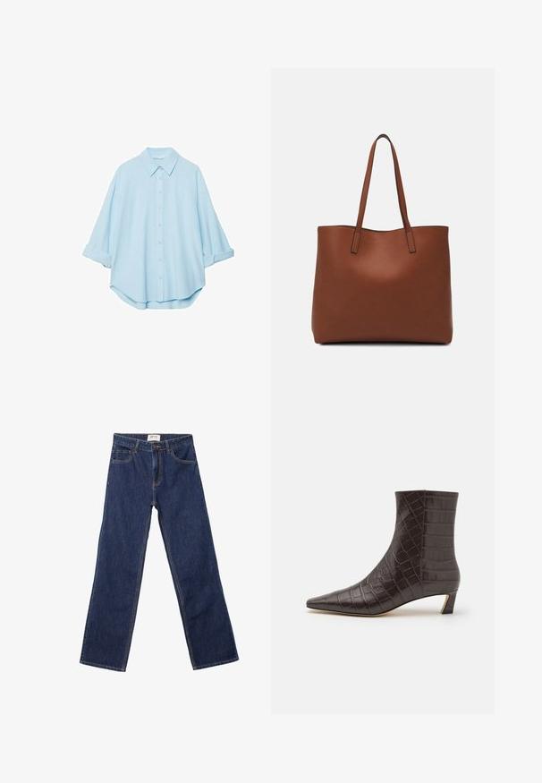 Svijetloplava košulja od mekog materijala, s klasičnim okovratnikom, dugmadi sprijeda i podvrnutim rukavima za ležeran izgled.; Tamno plave traperice ravnog kroja sa prednjim džepovima, petljama za pojas i kopčanjem na dugme.; MICHAEL Michael Kors COSMO KITTEN BOOTIE - Klasične gležnjače - chocolate; Smeđa kožna torba preko ramena s glatkom teksturom, otvorenim vrhom i dvjema naramenicama. Ima minimalne šavove i nema vidljivog hardvera.