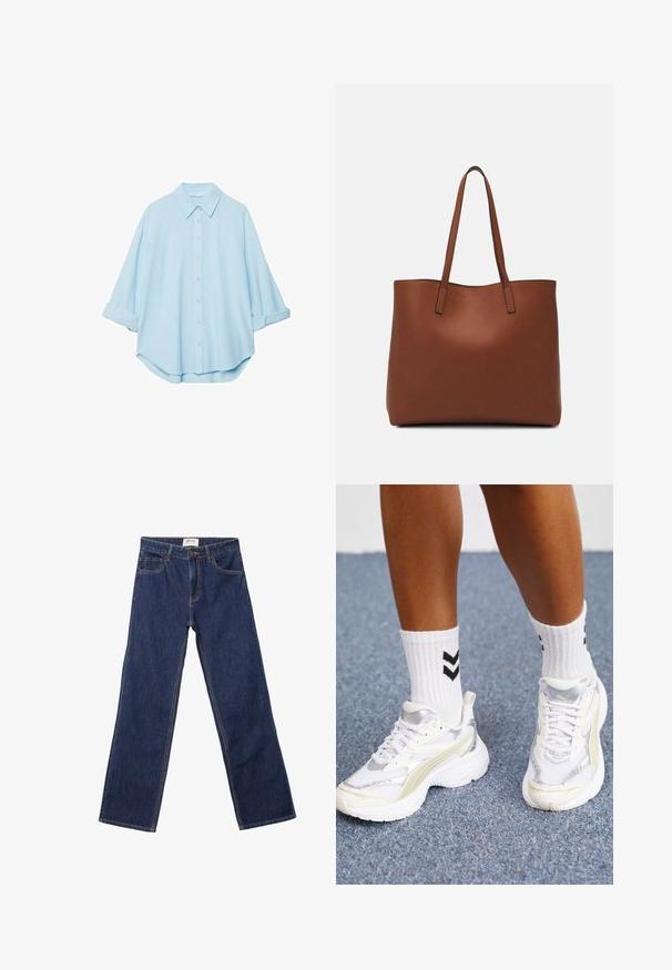 Vaaleansininen paita pehmeästä kankaasta, jossa on klassinen kaulus, napitettava etuosa ja käärityt hihat rentoa sovitusta varten.; Tummansiniset suorat farkut etutaskuilla, vyölenkeillä ja nappikiinnityksellä.; Valkoiset tennarit hopeisilla yksityiskohdilla, verkkokangasmateriaalia ja tukeva muotoilu. Yhdistetty valkoisiin sukkiin, joissa on mustat sahalaitakuviot.; Ruskea nahkainen olkalaukku, jossa on sileä pinta, avoin yläosa ja kaksi olkahihnaa. Omaavat vain minimaalisen ompelun eikä näkyvää metalliosaa.