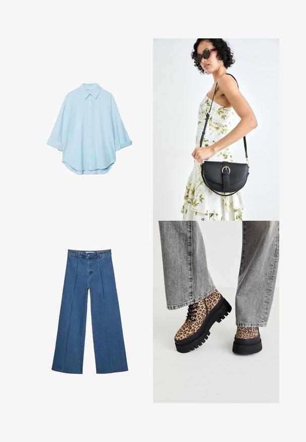 Chemise bleu clair en tissu doux, avec un col classique, un devant à boutons et des manches retroussées pour un look décontracté.; Jeans en denim à jambes larges de couleur bleu moyen, présentant une taille haute, une fermeture à bouton et des détails de couture verticaux contrastants à l'avant.; Steve Madden COAST - Bottines à lacets - brown/multi-coloured; Sac à main en cuir noir avec une forme courbée, bandoulière amovible et des accessoires en or. Le sac est doté d'un rabat avec un détail de boucle.