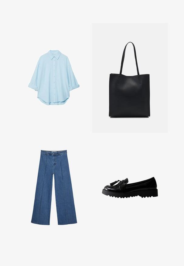 Camicia azzurra realizzata in un tessuto morbido, con colletto classico, chiusura a bottoni sul davanti e maniche arrotolate per un fit rilassato.; Jeans in denim a gamba larga di blu medio, con vita alta, chiusura con bottone e dettagli delle cuciture verticali a contrasto lungo la parte anteriore.; Mocassini in vernice nera con suola chunky, caratterizzati da un dettaglio con nappina e punta arrotondata. Design durevole con una texture liscia.; Borsa tote in pelle nera con texture liscia, forma rettangolare e due manici lunghi. Nessun hardware o decorazione visibile.