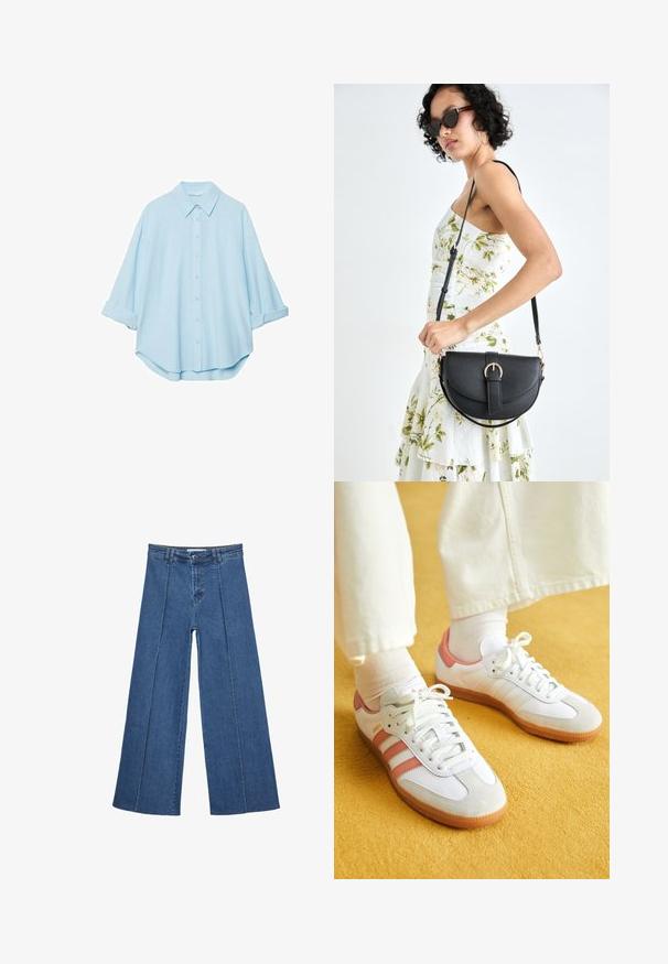 Ljusblå skjorta i mjukt tyg, med klassisk krage, knäppning framtill och uppvikt ärmar för en avslappnad passform.; Vidbenade denimjeans i medelblått, med hög midja, knäppning och kontrasterande vertikala sömdetaljer längst fram.; Vita sportskor med rosa detaljer, i mocka och läder, rund tå och gummisula, visade med ljusa strumpor på en gul bakgrund.; Svart läderhandväska med en böjd form, avtagbar rem och guldiga detaljer. Väskan har ett lock med en spänndetalj.