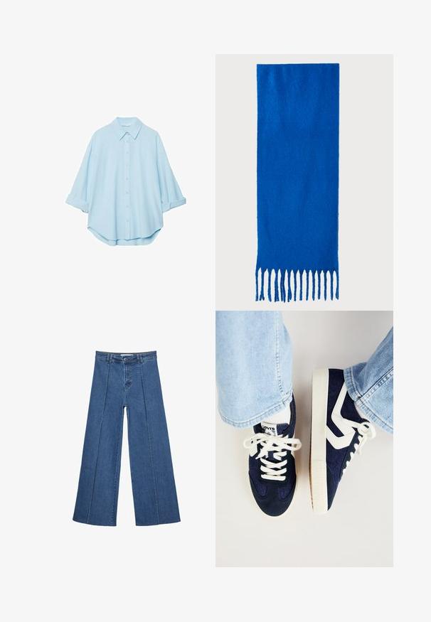 Vaaleansininen paita pehmeästä kankaasta, jossa on klassinen kaulus, napitettava etuosa ja käärityt hihat rentoa sovitusta varten.; Korkeat vyötäröiset, keskisiniset, leveiden lahkeiden denim-farkut, joissa on nappikiinnitys ja kontrastiväriset pystysaumadetaileja edessä.; Tennarit laivansinisestä mokasta ja kankaasta, valkoisilla nauhoilla, teksturoidulla pohjalla ja kontrastivärisillä yksityiskohdilla sivuilla.; Sininen fringekangas, joka on valmistettu pehmeästä materiaalista; siinä on yksivärinen pinta ja tasaisesti leikattu fringejalkeen alareunassa.; Musta nahkainen käsilaukku, joka on kaareva muotoilultaan, irrotettavalla hihnalla ja kultaisilla yksityiskohdilla. Laukussa on läppä, jossa on solk yksityiskohta.