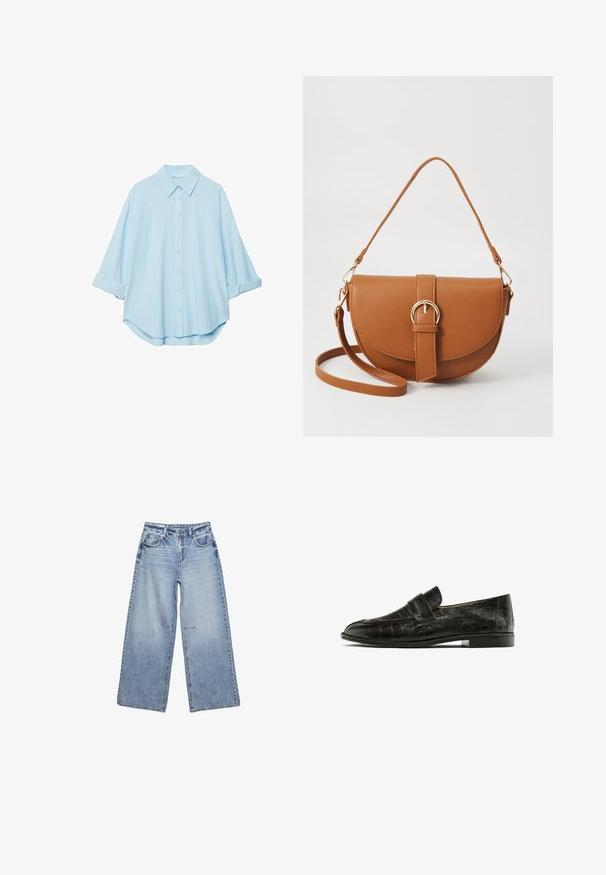 Lichtblauw shirt van een zachte stof, met een klassieke kraag, knoopsluiting aan de voorkant en opgerolde mouwen voor een ontspannen pasvorm.; Lichtblauwe wijde jeans van denim, met een hoge taille, vijf zakken en subtiele vervaging, afgewerkt met ruwe zomen.; Zwarte instappers met een krokodillenleertextuur, voorzien van een opvallende strap over de wreef, weergegeven tegen een witte achtergrond.; Bruine leren schoudertas met een gebogen vorm, gouden hardware en een gespaccent. Bevat een afneembare schouderriem.