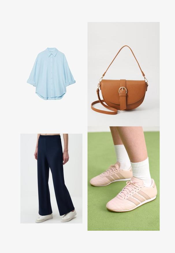Helles blaues Hemd aus einem weichen Stoff, mit klassischem Kragen, durchgehender Knopfleiste und hochgekrempelten Ärmeln für eine lässige Passform.; Marinefarbene weitgeschnittene Hosen aus weichem Stoff, mit einem elastischen Bund und seitlichen Nähten für zusätzlichen Detailreichtum. Kombiniert mit weißen Turnschuhen.; Helle rosa Sportschuhe mit schrägen Nähten, weißen Sohlen und drei seitlichen Streifen. Getragen mit gestreiften weißen Socken auf grünem Untergrund.; Braune Leder-Crossbody-Tasche mit geschwungener Form, goldfarbenen Beschlägen und einer Schnallenakzentuierung. Verfügt über einen abnehmbaren Schultergurt.