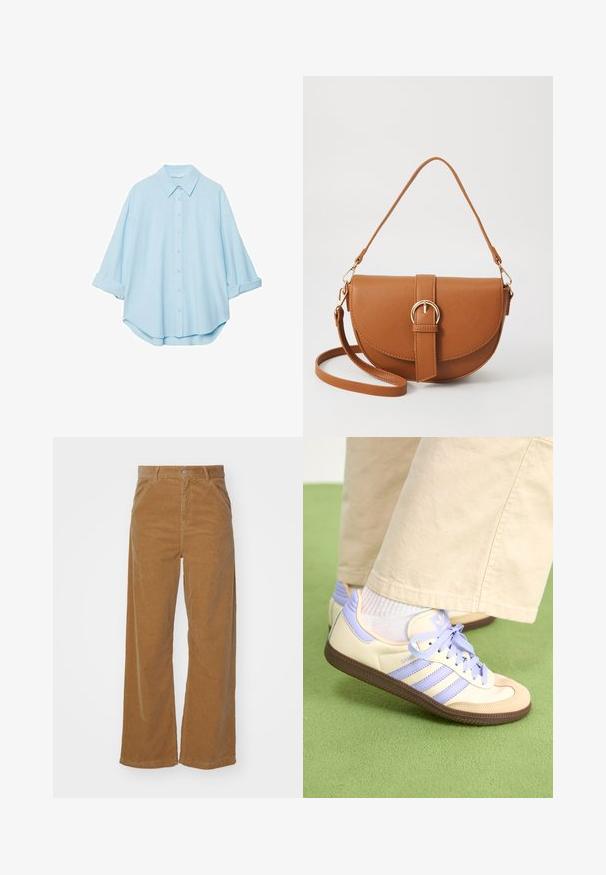 Jasnoniebieska koszula wykonana z miękkiego materiału, z klasycznym kołnierzykiem, zapięciem na guziki z przodu i podwiniętymi rękawami dla swobodnego kroju.; Brązowe spodnie z szerokimi nogawkami z korduroju o subtelnej teksturze prążkowanej, z zapięciem na guziki z przodu i kieszeniami po bokach.; Kremowe i lawendowe trampki z trzema paskami oraz teksturowaną brązową podeszwą, wyposażone w sznurówki i wyścieloną piętę. Górna część z miękkiego materiału.; Brązowa skórzana torba na ramię o zaokrąglonym kształcie, ze złotymi akcentami i zapięciem w formie klamry. Posiada odpinany pasek na ramię.