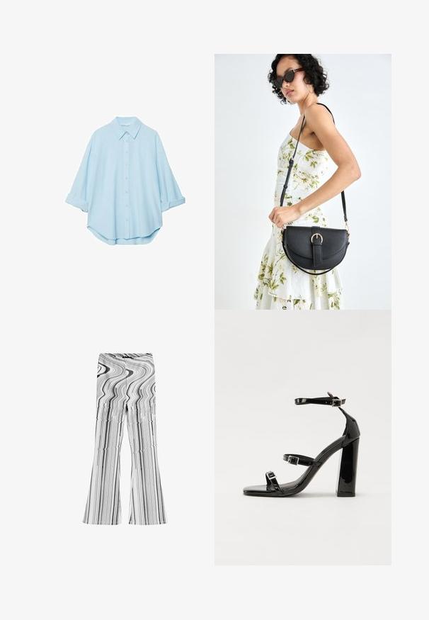 Svetlomodrá košeľa z jemnej látky, s klasickým golierom, zapínaním na gombíky v prednej časti a vyhrnutými rukávmi pre uvoľnený strih.; Čierno-biele kanálové nohavice s vlnitým prúžkovaným vzorom. Vyrobené z hladkého materiálu s priliehavým pásom a širokými nohavicami.; Čierne lakované sandále na podpätku so štvorcovou špičkou, navlečenými remienkami okolo členku a striebornými prackami. Disponujú masívnym blokovým podpätkom pre stabilitu.; Čierna kožená kabelka s zaobleným tvarom, odnímateľným popruhom a zlatými doplnkami. Kabelka má klopu s detailom s prackou.