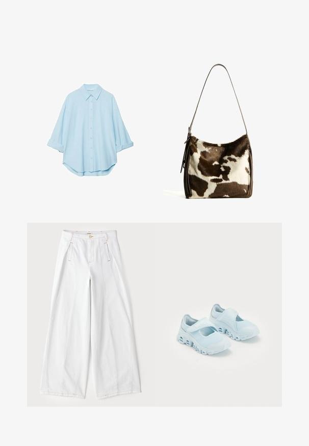 Helles blaues Hemd aus einem weichen Stoff, mit klassischem Kragen, durchgehender Knopfleiste und hochgekrempelten Ärmeln für eine lässige Passform.; Weite weiße Jeanshose aus Denim mit kontrastierenden orangen Nähten, vorderen Falten und einem klassischen Fünf-Taschen-Design.; Helle blaue Sneaker aus Mesh-Stoff, mit auffälligen Ausschnitten in der Sohle und einem Klettverschlussriemen oben für einen sicheren Sitz.; Braune und cremefarbene Kuhhaut-Umhängetasche mit einem glatten Ledertrageriemen, Reißverschluss und einer weichen, strukturierten Oberfläche mit einem natürlichen Muster.