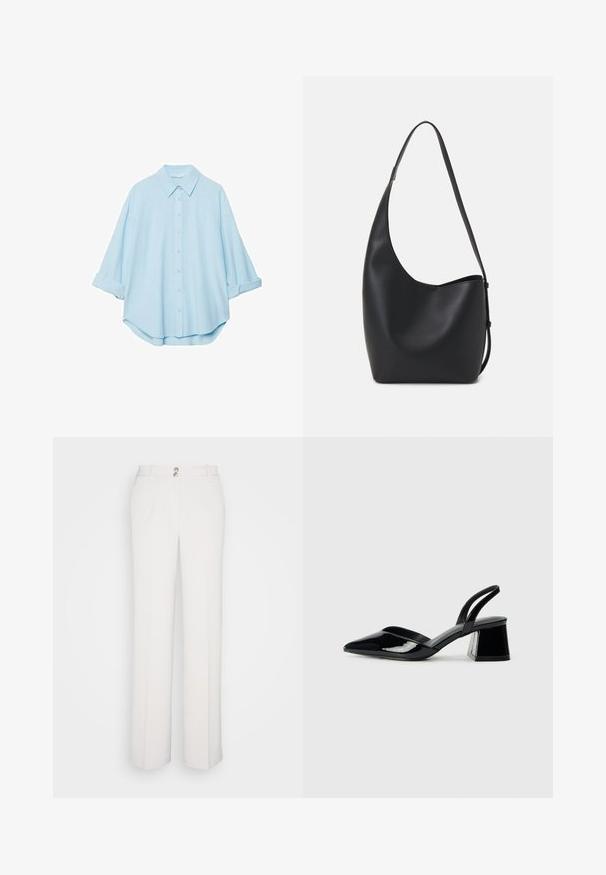 Helles blaues Hemd aus einem weichen Stoff, mit klassischem Kragen, durchgehender Knopfleiste und hochgekrempelten Ärmeln für eine lässige Passform.; TOM TAILOR Stoffhose - clouds grey; Schwarze Lackleder-Slingback-High Heels mit spitzem Schuh und einem geometrischen Blockabsatz. Verfügt über ein schlankes, minimalistisches Design und eine glatte Textur.; Schwarze Leder-Hobo-Tasche mit einer glatten Textur, geschwungener Form und einem einzelnen verstellbaren Tragegurt; verfügt über eine weite Öffnung am oberen Ende.