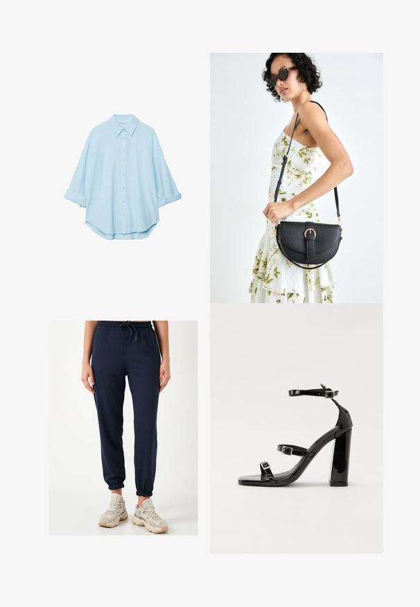 Světle modrá košile vyrobená z jemné tkaniny, s klasickým límečkem, zapínáním na knoflíky vpředu a vyhrnutými rukávy pro uvolněný střih.; Námořnické tepláky s elastickým pasem a šňůrkou. Manžety jsou zúžené, vyrobené z hladkého, měkkého materiálu. Doplňují je béžové tenisky.; Černé lakované sandály na podpatku se čtveratou špičkou, lýtkovými pásky a stříbrnými přezkami. Disponují masivním blokovým podpatkem pro stabilitu.; Černá kožená kabelka s křivkovým tvarem, odnímatelným popruhem a zlatými detaily. Kabelka má klopu s přezkou.