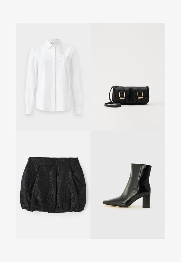 Bela dolga majica z dolgimi rokavi iz gladkega bombaža, ki ima klasičen ovratnik, sprednje zapiranje na gumb in žep na prsih s podrobnostjo logotipa.; Črna usnjena krila z vgraviranim cvetličnim vzorcem, nabranimi plisami in gladkim pasom. Ima skrit zadrgo na hrbtu.; Črne gležnjarje iz sijoče usnje s koničastim nosom in masivnim kvadratnim peto. Imajo gladko teksturo in minimalističen dizajn.; Črna usnjena torbica čez ramo z dvema sprednjima žepoma, zlatimi zaponkami, zadrgo in ozkim pasom. Tekstura površine je strukturirana, obliko pa ima kompaktno pravokotno.