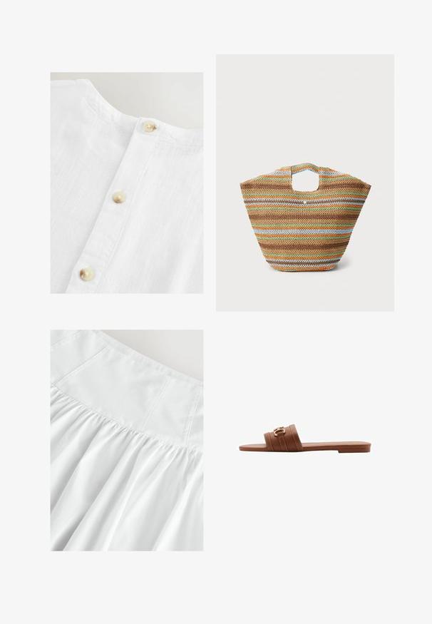 Biała lniana koszula z okrągłym dekoltem i listwą guzikową z beżowymi guzikami. Tkanina ma miękką, teksturowaną powierzchnię.; Biała spódnica z dopasowanym topem i marszczoną teksturą. Wykonana z lekkiego materiału, charakteryzująca się subtelnymi szwami i miękkim, płynącym drapowaniem.; Brązowe skórzane klapki z dwiema szerokimi paskami, zdobionymi dekoracyjnym przeszyciem i złotą klamrą. Płaska podeszwa.; Torebka z plecionego słomy z wielokolorowymi paskami w kolorze brązowym, zielonym, pomarańczowym i niebieskim. Posiada płaski kształt i dwa otwory na ręce. Lekka konstrukcja.