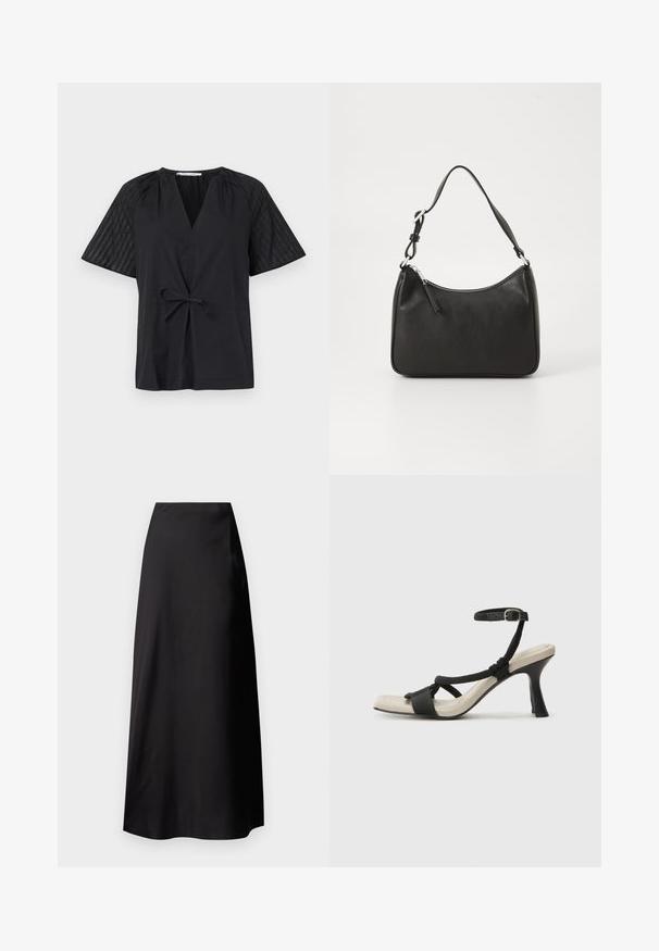 Melnas blūzes ar V veida kakla izgriezumu, īsām piedurknēm un saišu jostu. Piedurknēm ir teksturēta, rakstaina auduma apdare, bet korpuss ir gluds.; Melnas satīna maksi svārki ar gludu tekstūru, augstu vidukli, plūstošu siluetu un bez redzamām rakstu vai apstrādes detaļām.; Melnas augstpapēžu sānijas ar pinuma siksnu dizainu, kvadrātveida purngali un regulējamu potītes siksnu. Gaismas beidzamais kāju paklājiņš ar spīdīgu melnu papēdi.; Melnas ādas rokassomu ar izliekta formu, vienu siksnu, ar rāvējslēdzēju aizdari un diskrētu zīmolu uz priekšpuses. Gluda tekstūra, minimālisma dizains.