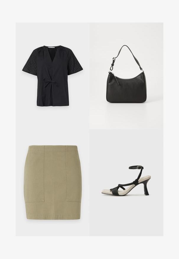 Zwarte top met een V-hals, korte mouwen en een strik taille. Heeft een gestructureerd, patroonstof op de mouwen en een glad lichaam.; Olijfgroene rok tot de knie, gemaakt van een katoenmix, met zijzakken en nette stiksels. Gezellige textuur, getailleerde silhouette.; Zwarte hoge hak sandaal met een gevlochten bandontwerp, vierkante teen en verstelbare enkelband. Lichtbeige voetbed met een glanzende zwarte hak.; Zwarte leren handtas met een gebogen vorm, een enkele schouderband, ritsluiting en subtiele branding aan de voorkant. Glad textuur, minimalistisch ontwerp.