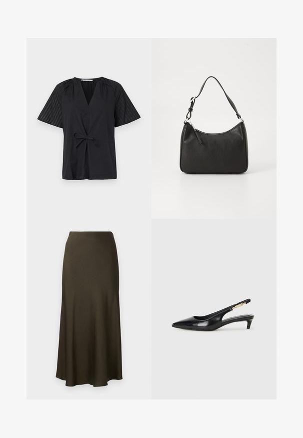 Musta paita V-kaula-aukolla, lyhyillä hihoilla ja solmittavalla vyötäröllä. Hihoissa on teksturoitua, kuviollista kangasta ja vartalossa sileä pinta.; Tumma vihreä, satiinipintainen pitkä hame, jossa on levenevä helma ja sileä tekstuuri. Yksinkertainen muotoilu, ei näkyviä kuvioita tai metalliosia.; Mustat nahkaiset slingback-korkokengät, joissa on terävä kärki, ohuet korot ja kultasävytteinen yksityiskohta säädettävässä hihnassa. Silkkinen pinta.; Mustat nahkakäsilaukku, jossa on kaareva muoto, yksi hihna, vetoketjukiinnitys ja hienovarainen brändäys etuosassa. Sujuva pinta, minimalistinen muotoilu.