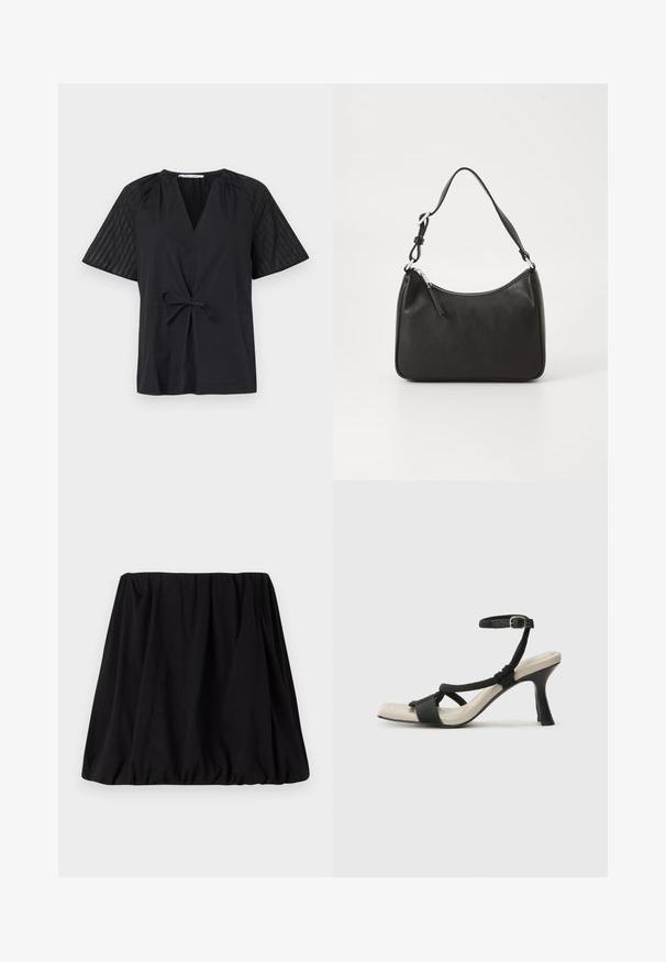 Črna majica z V-izrezom, kratkimi rokavi in pasom na zavezovanje. Ima strukturirano, vzorčasto blago na rokavih in gladek del na telesu.; Črna, nabranih krilo izdelano iz mehkega blaga, z elastičnim pasom in obsežno silhueto. Brez vidnih vzorcev ali poudarkov.; Črne sandale na visoki peti z prepletenim trakom, kvadratnim nosom in nastavljivim gležnjenjem. Svetlo bež podplat z sijajno črno peto.; Črna usnjena torba za roke s ukrivljenim oblikom, enim trakom, zadrgo in diskretnim blagovnim znamkom na sprednjem delu. Gladka tekstura, minimalističen dizajn.