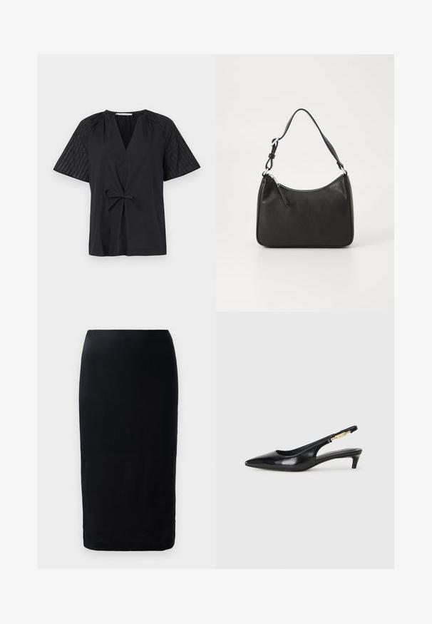 Čierny top s výstrihom do V, krátkymi rukávmi a opaskom na zaväzovanie. Má textúrovanú, vzorovanú látku na rukávoch a hladké telo.; Čierna ceruzková sukňa vyrobená z hladkej látky, s úzkym strihom, dĺžkou po kolená a jednoduchým lemom bez viditeľných vzorov alebo akcentov.; Čierne kožené slingback opätky s špicatou špičkou, s úzkym opätkom a zlatým detailom na nastaviteľnom remienku. Hladká textúra.; Čierna kožená kabelka s oblým tvarom, jediným popruhom, zipsom a nenápadným logom na prednej strane. Hladká textúra, minimalistický dizajn.