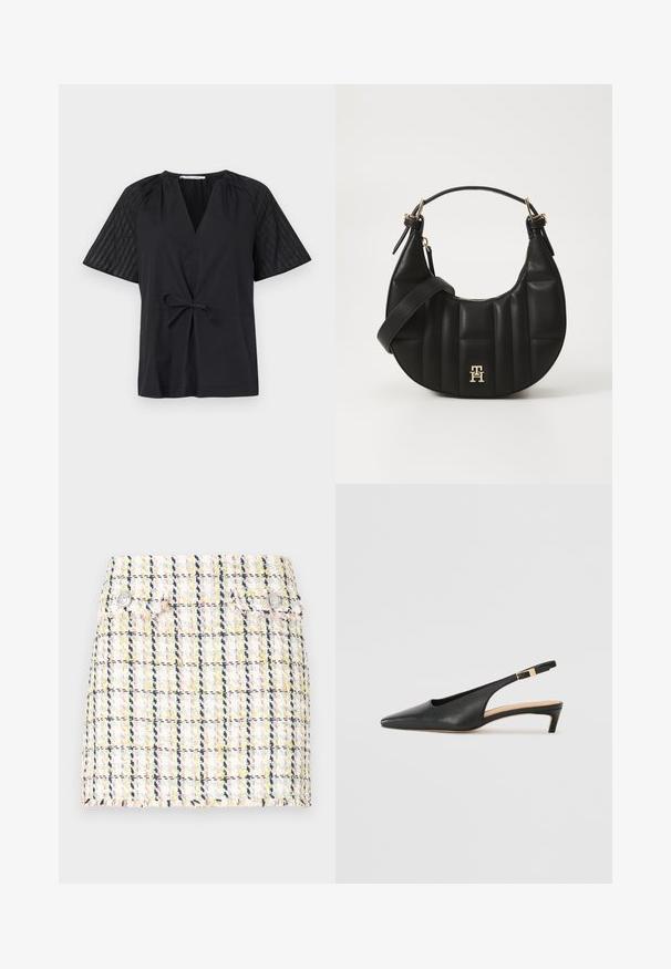 Musta paita V-kaula-aukolla, lyhyillä hihoilla ja solmittavalla vyötäröllä. Hihoissa on teksturoitua, kuviollista kangasta ja vartalossa sileä pinta.; Tweed mini hame, joka on varustettu monivärisellä ruutukuviolla, revityllä helmalla ja kahdella metallipainiketta etupuolella.; Musta nahkainen slingback-korkokenkä, jossa on terävä nenä, matala korko ja säädettävä nilkkarengas, jossa on kultasävyinen solki. Suora pinta.; Musta nahkalaukku, jossa on kaareva muoto, tikattu pinta ja kultaiset yksityiskohdat. Varustettu irrotettavalla olkahihnalla ja logopotkalla.