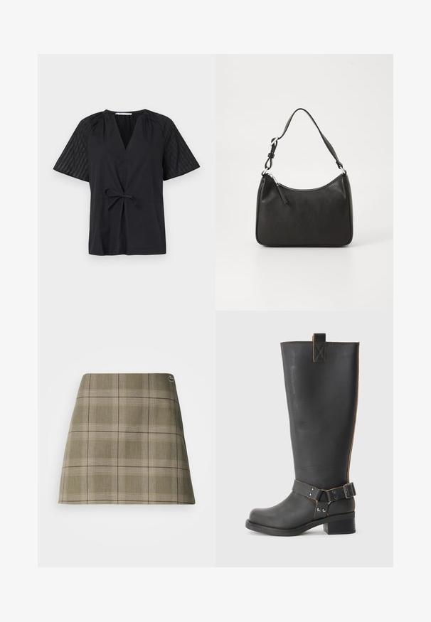 Mustaga V-kaelusega must topp, lühikeste varrukatega ja sidumisvõimalusega taljes. Varustatud tekstuuriga, mustrilise kangaga varrukatel ja siledas kehakangas.; Olive roheline ja beež plaaditud mini seelik, millel on sirge lõige, peen tekstuur ja väike logo aktsent vöökohtade lähedal.; Mustast nahkast kuni põlvede kõrgune saabas tekstureeritud viimistlusega, külgedel on pandlaaktsent ja madal konts. Õmbluste juures on detailne tikand.; Must musta käekott, millel on kumer kuju, üks rihm, lukuga sulgemine ja peen brändimine esiküljel. Sile tekstuur, minimalistlik disain.