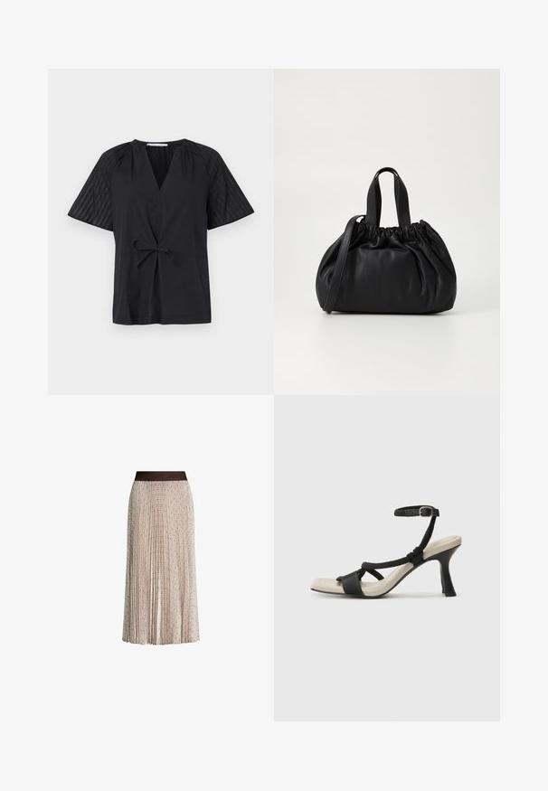 Haut noir avec un col en V, manches courtes et une taille à nouer. Présente un tissu texturé et à motifs sur les manches et un corps lisse.; Jupe midi plissée beige avec un subtil motif géométrique et une taille foncée arborant le logo en relief "JOOP!".; Sandale à talon noir avec un design de brides tressées, bout carré et bride de cheville réglable. Semelle intérieure beige claire avec un talon noir brillant.; Sac à main en cuir noir avec un design à haut froncé, doté de deux poignées courtes et d'une bandoulière longue et réglable. Texture lisse, forme arrondie.