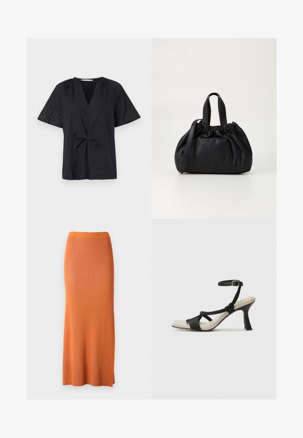 Haut noir avec un col en V, manches courtes et une taille à nouer. Présente un tissu texturé et à motifs sur les manches et un corps lisse.; Samsøe Samsøe SACHERYL SKIRT - Jupe longue - autumn maple mel; Sandale à talon noir avec un design de brides tressées, bout carré et bride de cheville réglable. Semelle intérieure beige claire avec un talon noir brillant.; Sac à main en cuir noir avec un design à haut froncé, doté de deux poignées courtes et d'une bandoulière longue et réglable. Texture lisse, forme arrondie.