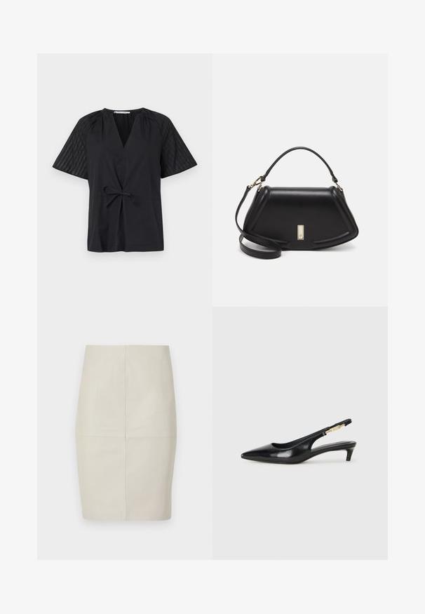 Haut noir avec un col en V, manches courtes et une taille à nouer. Présente un tissu texturé et à motifs sur les manches et un corps lisse.; Jupe crayon en cuir beige clair avec des coutures verticales, forme structurée et texture lisse, dotée d'une taille mi-haute et sans éléments de fixation visibles.; Talons hauts en cuir noir avec un bout pointu, dotés d'un talon fin et d'un accent en ton or sur la lanière réglable. Texture lisse.; Sac à main en cuir noir avec un design structuré, featuring une forme cropped, une poignée supérieure et des accents en matériel doré. Bandoulière réglable incluse.