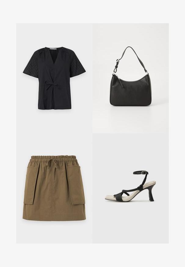 Schwarzes Oberteil mit V-Ausschnitt, kurzen Ärmeln und tailliertem Bund. Die Ärmel sind aus strukturiertem, gemustertem Material, während der Körper glatt ist.; Olivgrüner, knielanger Rock mit elastischem Bund, Kordelzug und zwei großen Seitentaschen. Hergestellt aus leichtem Stoff mit sichtbaren Nähten.; Schwarze Absatzsandale mit geflochtenem Riemendesign, quadratischer Spitze und verstellbarem Knöchelriemen. Helle beigefarbene Sohle mit glänzendem schwarzen Absatz.; Schwarze Lederhandtasche mit geschwungener Form, einem einzigen Tragegurt, Reißverschlussverschluss und dezentem Branding auf der Vorderseite. Glatte Textur, minimalistisches Design.