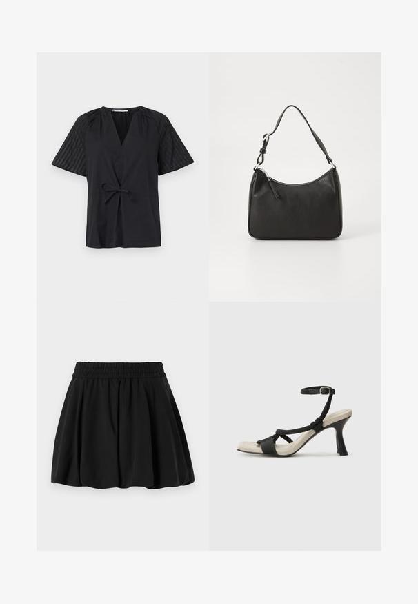 Camiseta negra con escote en V, manga corta y cintura con lazo. Presenta una tela texturizada y con estampado en las mangas y un cuerpo suave.; Falda negra con una cinturilla fruncida, diseño acampanado y textura suave. Tejido liso sin patrones visibles ni detalles de hardware.; Sanda¡ía de tacón negro con diseño de tira trenzada, punta cuadrada y correa ajustable en el tobillo. Plantilla de color beige claro con un tacón negro brillante.; Bolso de mano de cuero negro con forma curvada, una sola correa, cierre de cremallera y marcas sutiles en la parte frontal. Textura suave, diseño minimalista.