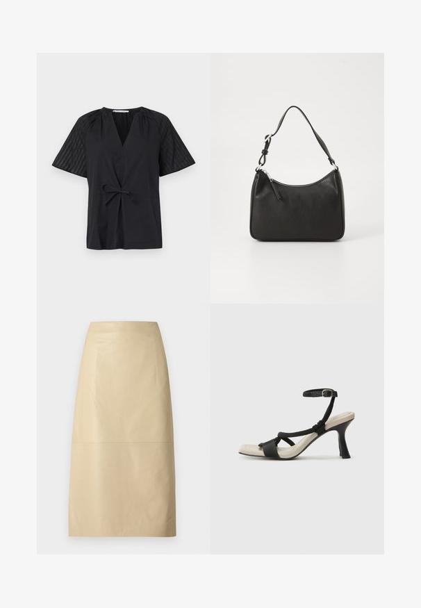 Black top with a V-neck, short sleeves, and a tie waist. Features textured, patterned fabric on the sleeves and a smooth body.; Beige leather pencil skirt with a smooth texture, mid-length silhouette, and minimalistic design. Features a seam detail at the center.; Black heeled sandal with braided strap design, square toe, and adjustable ankle strap. Light beige footbed with a glossy black heel.; Black leather handbag with a curved shape, a single strap, zip closure, and subtle branding on the front. Smooth texture, minimalist design.