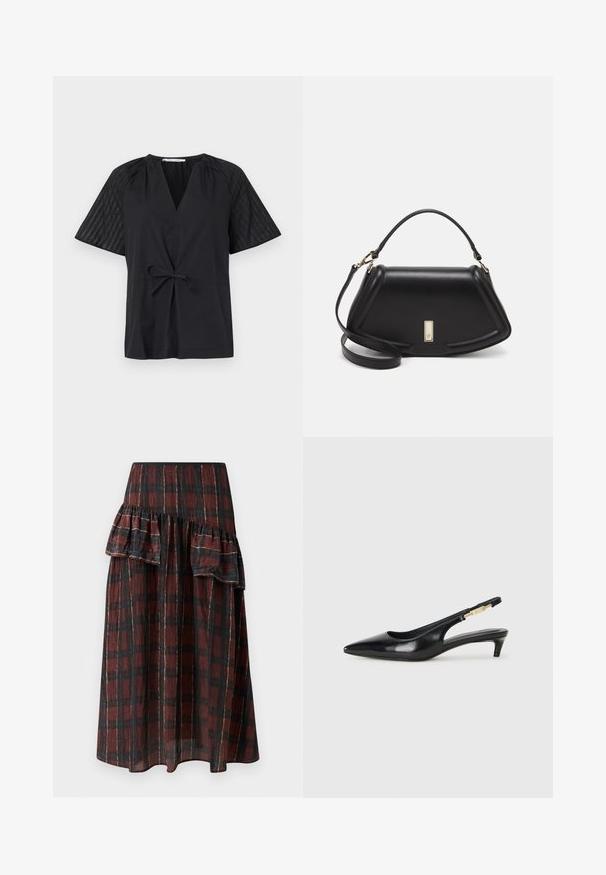 Black top with a V-neck, short sleeves, and a tie waist. Features textured, patterned fabric on the sleeves and a smooth body.; Maxi skirt in dark red and black checkered pattern, featuring layered ruffles at the waist, made from lightweight fabric with a soft texture.; Black leather slingback heels with a pointed toe, featuring a slim heel and a gold-tone accent on the adjustable strap. Smooth texture.; Black leather handbag with a structured design, featuring a cropped shape, top handle, and gold hardware accent. Adjustable shoulder strap included.