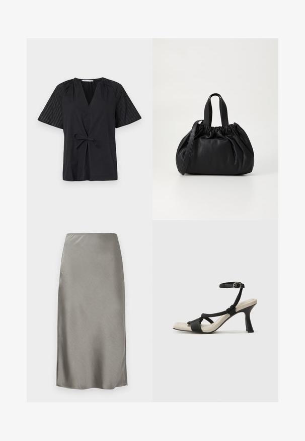 Juodas viršus su V formos iškirpte, trumpomis rankovėmis ir raišteliu juosmenyje. Rankovėse yra tekstūruotas, raštuotas audinys, o kūnas yra lygus.; Pilkos sateninės midi sijonas su sklandžia, lygiška tekstūra. Šoniniai įpjovimai prideda judesio laisvės. Minimalistinis dizainas, prigludusi liemens dalis ir tiesi siluetė.; Juodų aukštakulnių sandalų su pintu dirželiu dizainas, kvadratine nosimi ir reguliuojamu kulkšnies dirželiu. Šviesiai bežė padas su blizgiu juodu kulnu.; Juoda odinė rankinė su susiraukšlėjusiu viršumi, su dviem trumpomis rankenėlėmis ir ilga reguliuojama juosta. Lygus paviršius, apvalios formos.