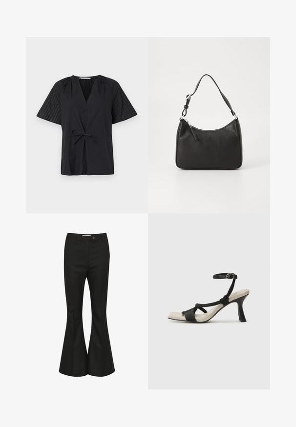 Mustaga V-kaelusega must topp, lühikeste varrukatega ja sidumisvõimalusega taljes. Varustatud tekstuuriga, mustrilise kangaga varrukatel ja siledas kehakangas.; Mustad flared põlvpüksid siledast kangast, millel on kõrge vöökoht, eesmine nööbiga sulgur ja voolujooneline, täpselt sobiv disain.; Mustad musta kontsaga sandaal, millel on punutud rihma disain, ruudukujuline varvas ja reguleeritav pahkluu rihm. Heleda beeži värvi jalapadi ja läikiv must konts.; Must musta käekott, millel on kumer kuju, üks rihm, lukuga sulgemine ja peen brändimine esiküljel. Sile tekstuur, minimalistlik disain.