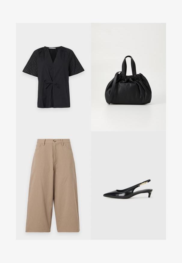 Black top with a V-neck, short sleeves, and a tie waist. Features textured, patterned fabric on the sleeves and a smooth body.; Khaki wide-leg trousers made of cotton, featuring a high waist, front pockets, and a single button closure. Smooth texture and straight cut.; Black leather slingback heels with a pointed toe, featuring a slim heel and a gold-tone accent on the adjustable strap. Smooth texture.; Black leather handbag with a gathered top design, featuring two short handles and a long adjustable strap. Smooth texture, rounded shape.