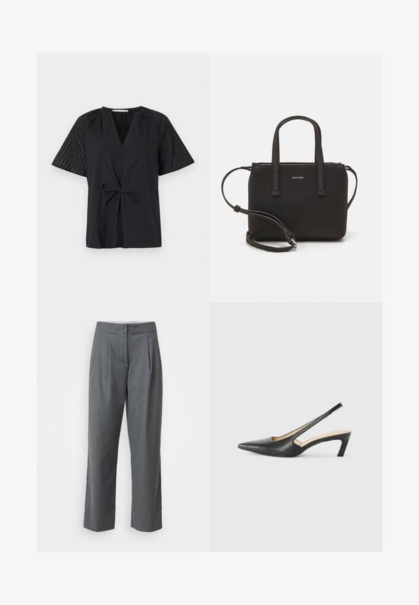 Crna majica s V-izrezom, kratkim rukavima i strukiranim pojasom. Ima teksturirano, uzorkovano platno na rukavima i glatko tijelo.; Sivi krojeni hlače ravnog kroja, s glatkom teksturom, prednjim nabranjima i bočnim džepovima. Bez vidljivih hardverskih elemenata ili akcenata.; Crne cipele s izduženim vrhom i remenom oko pete, s niskom petom, izrađene od glatke kože i s izrezbarenom stranom radi prozračnosti.; Crna torba s dva kratka ručka i uklonjivom naramenicom. Glatki materijal nalik koži s zatvaračem na zatvaranje i detaljem s logom.