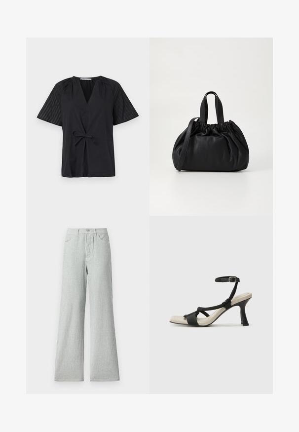 Juodas viršus su V formos iškirpte, trumpomis rankovėmis ir raišteliu juosmenyje. Rankovėse yra tekstūruotas, raštuotas audinys, o kūnas yra lygus.; Juostuoti plačiakojai kelnių pagaminti iš lengvos medžiagos, su vertikaliomis mėlynomis ir baltomis juostelėmis, aukštu liemeniu ir priekinėmis kišenėmis.; Juodų aukštakulnių sandalų su pintu dirželiu dizainas, kvadratine nosimi ir reguliuojamu kulkšnies dirželiu. Šviesiai bežė padas su blizgiu juodu kulnu.; Juoda odinė rankinė su susiraukšlėjusiu viršumi, su dviem trumpomis rankenėlėmis ir ilga reguliuojama juosta. Lygus paviršius, apvalios formos.