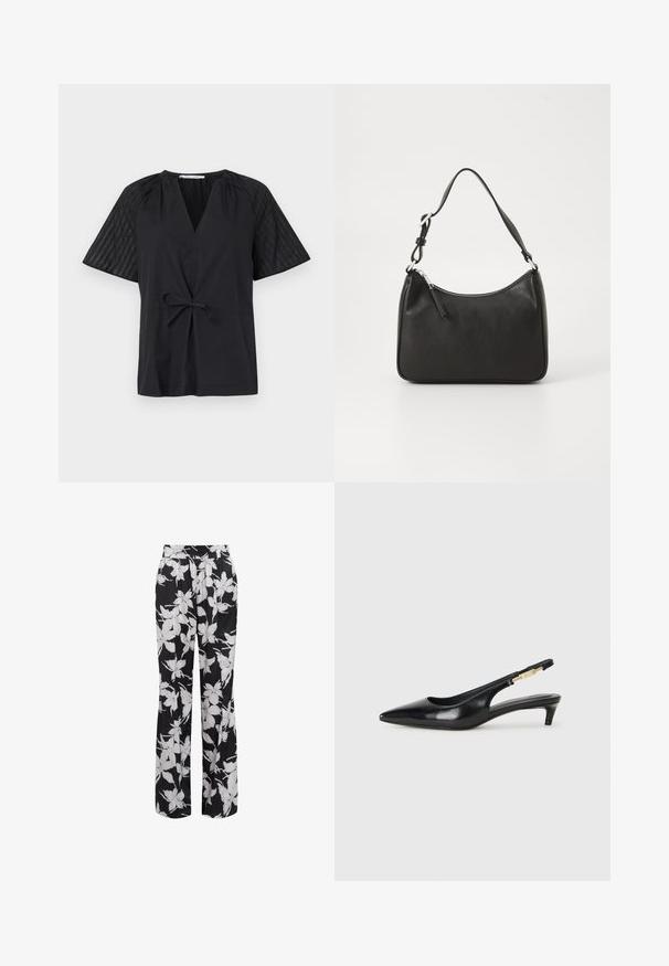 Sort top med V-hals, korte ærmer og bindebånd i taljen. Har tekstureret, mønstret stof på ærmerne og en glat krop.; Sorte blomstrede bukser med løs pasform. Har hvide blomstermønstre og elastisk talje. Fremstillet af glat, let stof.; Sorte læder slingback hæle med spids tå, der har en slank hæl og en guldfarvet detalje på den justerbare rem. Glat tekstur.; Sort læderhåndtaske med en buet form, en enkelt rem, lynlås lukning og diskret branding på forsiden. Glat tekstur, minimalistisk design.