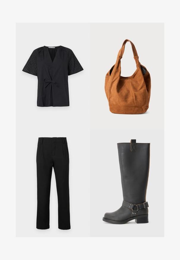 Haut noir avec un col en V, manches courtes et une taille à nouer. Présente un tissu texturé et à motifs sur les manches et un corps lisse.; Pantalon noir à jambes droites avec passants de ceinture, poches latérales et plis avant, présenté sur un fond blanc uni.; Bottes noires en cuir, montantes jusqu'au genou, avec une finition texturée, présentant une boucle sur le côté et un talon bas. Couture détaillée le long des coutures.; Sac à épaule en daim brun avec une texture douce, une forme incurvée et deux poignées. Il présente un design minimaliste sans matériel ou accents visibles.