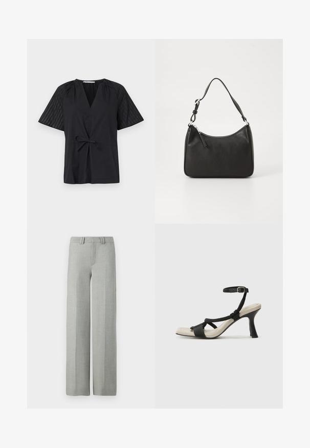 Black top with a V-neck, short sleeves, and a tie waist. Features textured, patterned fabric on the sleeves and a smooth body.; Gray wide-leg trousers in a lightweight fabric, featuring a flat front, belt loops, and clean, tailored lines with no visible patterns.; Black heeled sandal with braided strap design, square toe, and adjustable ankle strap. Light beige footbed with a glossy black heel.; Black leather handbag with a curved shape, a single strap, zip closure, and subtle branding on the front. Smooth texture, minimalist design.