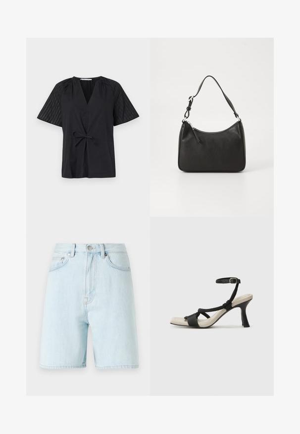 Black top with a V-neck, short sleeves, and a tie waist. Features textured, patterned fabric on the sleeves and a smooth body.; Light blue denim shorts with a high waist, five-pocket design, and brass button closure. Features subtle stitching and raw hem edges.; Black heeled sandal with braided strap design, square toe, and adjustable ankle strap. Light beige footbed with a glossy black heel.; Black leather handbag with a curved shape, a single strap, zip closure, and subtle branding on the front. Smooth texture, minimalist design.