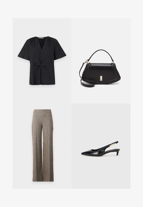 Melnas blūzes ar V veida kakla izgriezumu, īsām piedurknēm un saišu jostu. Piedurknēm ir teksturēta, rakstaina auduma apdare, bet korpuss ir gluds.; Platas kājas bikses no struktūrēta brūna auduma ar smalku zivskaņa rakstu. Elastīga josta komfortam, taisnu kāju dizains.; Melnas ādas slingback zābaki ar smailu purngalu, ar šauru papēdi un zelta krāsas akcentu uz regulējama siksniņas. Gluda tekstūra.; Melnas ādas roku soma ar struktūru, ar īsu formu, augšējo rokturi un zelta aksesuāriem. Iekļauta regulējama plecu siksna.