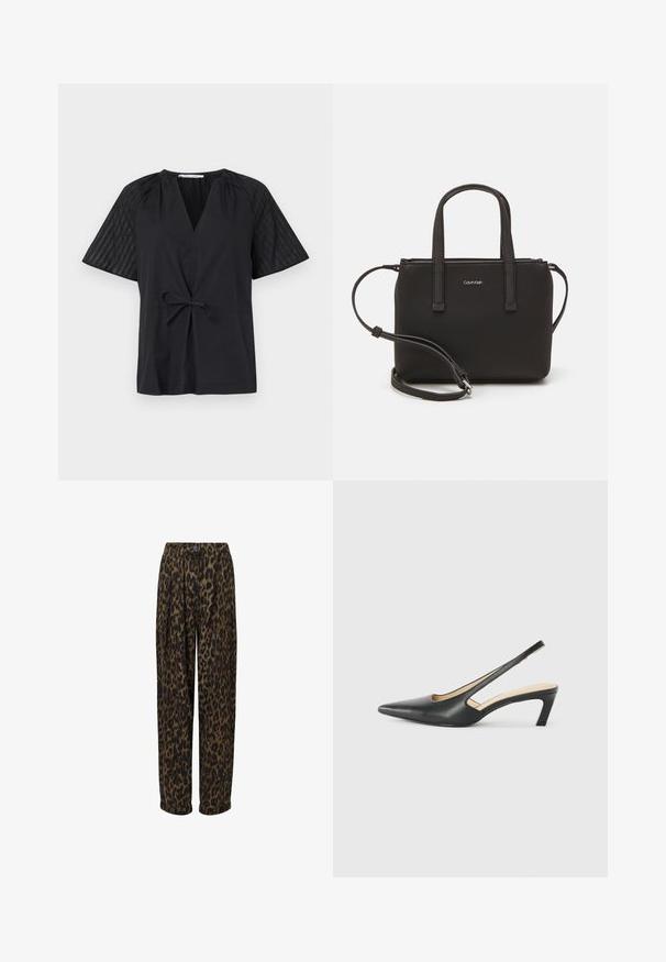 Camiseta negra con escote en V, manga corta y cintura con lazo. Presenta una tela texturizada y con estampado en las mangas y un cuerpo suave.; Pantalones de estampado de leopardo con un diseño de pierna ancha, hechos de una tela suave. Presenta un cierre de botón y una parte delantera plisada.; Zapato negro de punta afilada tipo slingback con un tacón bajo, que presenta un material de cuero suave y un diseño recortado en el lateral para mayor transpirabilidad.; Bolso de mano negro con dos asas cortas y una correa de hombro removible. Material suave tipo cuero con cierre de cremallera y detalle del logo.