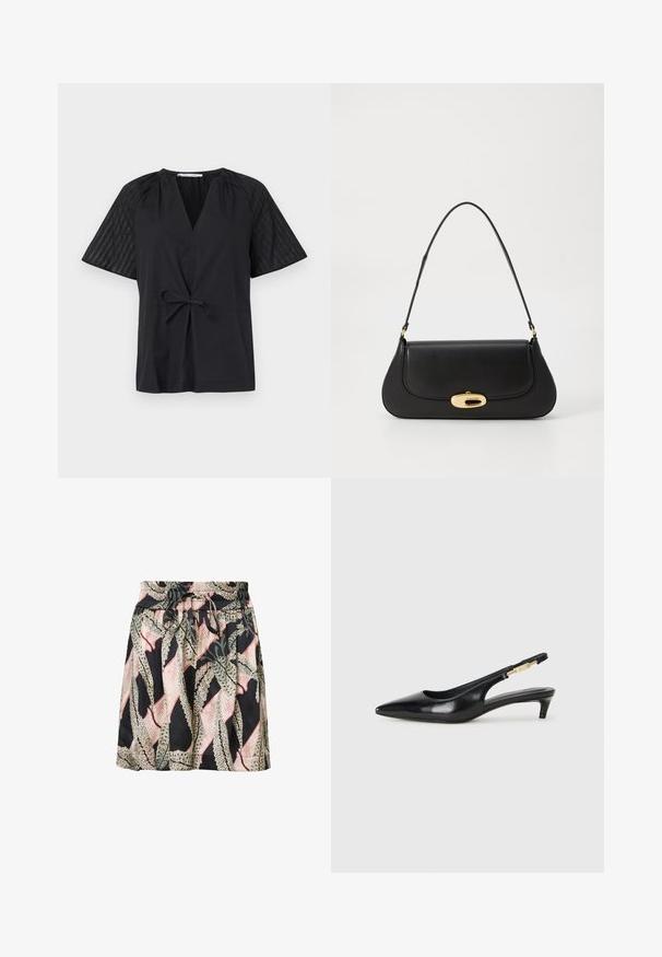 Camiseta negra con escote en V, manga corta y cintura con lazo. Presenta una tela texturizada y con estampado en las mangas y un cuerpo suave.; Falda con estampado floral sobre un fondo negro, con cintura elástica, detalle de cordón y una textura ligera y suave.; Tacones negros de piel sintética tipo slingback con punta afilada, que cuentan con un tacón delgado y un detalle en tono dorado en la correa ajustable. Textura suave.; Bolso de mano de cuero negro con un diseño curvado, herrajes en tono dorado y un mango superior. Presenta un cierre elegante y una textura suave.