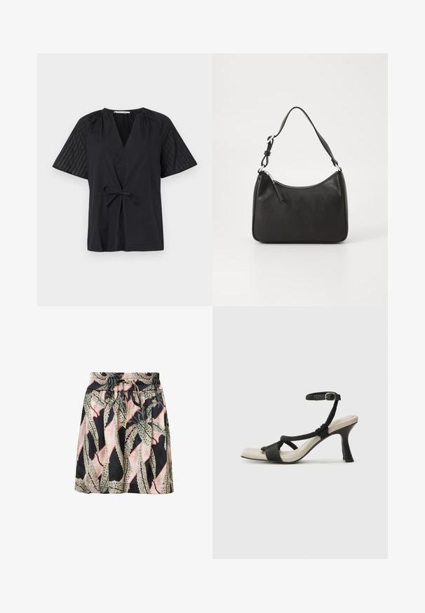 Juodas viršus su V formos iškirpte, trumpomis rankovėmis ir raišteliu juosmenyje. Rankovėse yra tekstūruotas, raštuotas audinys, o kūnas yra lygus.; Gėlių raštuotas sijonas su juodu fonu, elastinga liemens juosta, su virvute ir lengvos, glotnios tekstūros.; Juodų aukštakulnių sandalų su pintu dirželiu dizainas, kvadratine nosimi ir reguliuojamu kulkšnies dirželiu. Šviesiai bežė padas su blizgiu juodu kulnu.; Juoda odinė rankinė su išlenkta forma, viena dirželiu, užtrauktuko uždarymu ir subtiliu ženklinimu priekyje. Lygus paviršius, minimalistinis dizainas.