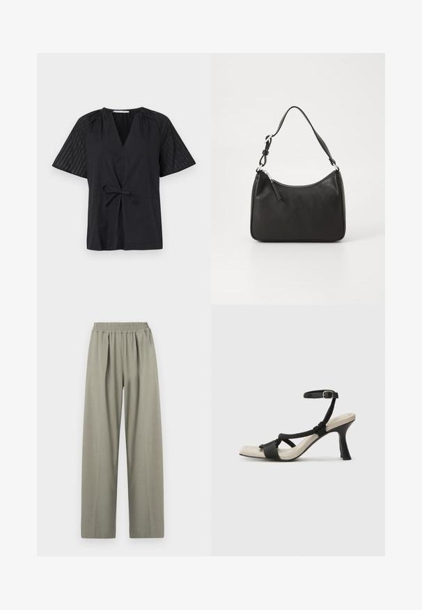 Črna majica z V-izrezom, kratkimi rokavi in pasom na zavezovanje. Ima strukturirano, vzorčasto blago na rokavih in gladek del na telesu.; Hlače širokega kroja v svetlo sivi barvi z visokim pasom, elastičnim pasom in naborki spredaj.; Črne sandale na visoki peti z prepletenim trakom, kvadratnim nosom in nastavljivim gležnjenjem. Svetlo bež podplat z sijajno črno peto.; Črna usnjena torba za roke s ukrivljenim oblikom, enim trakom, zadrgo in diskretnim blagovnim znamkom na sprednjem delu. Gladka tekstura, minimalističen dizajn.